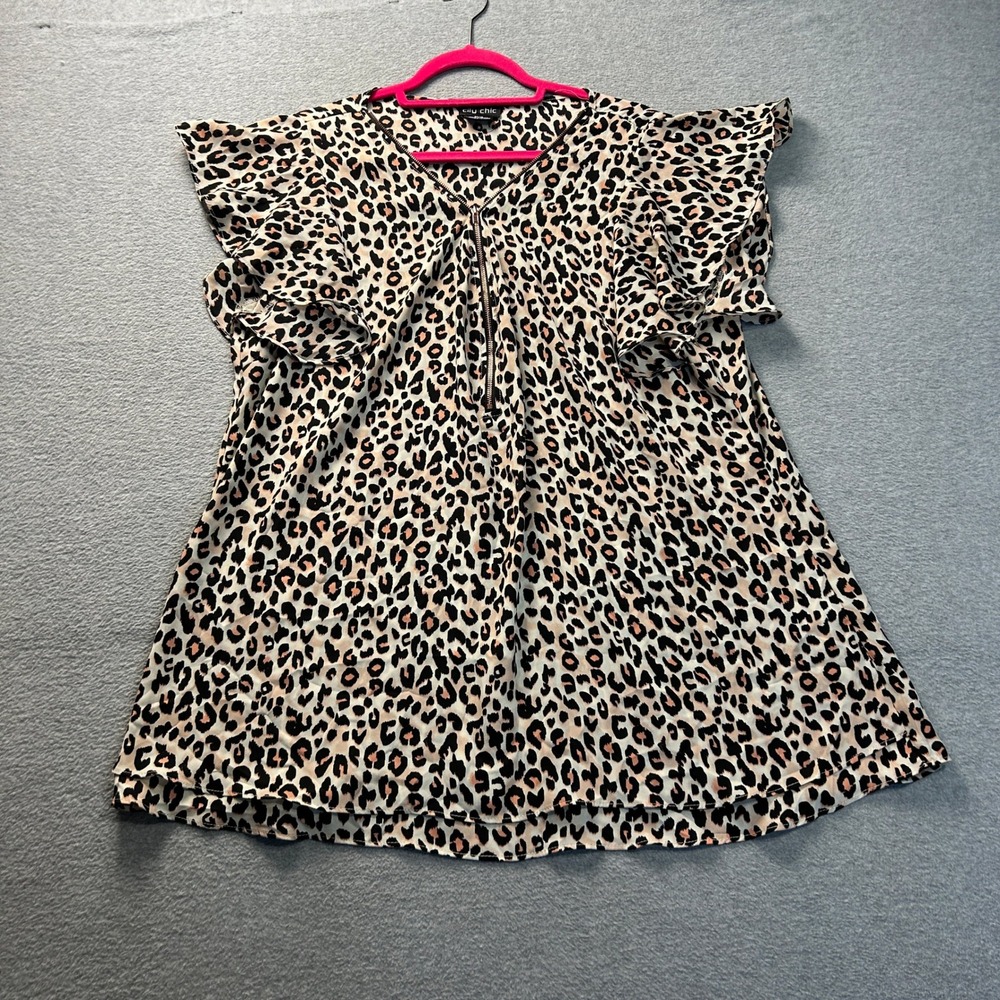 City Chic Flutter Sleeve Tie Neck Blouse Top‎ Womens Plus M 18 Leopard Print
